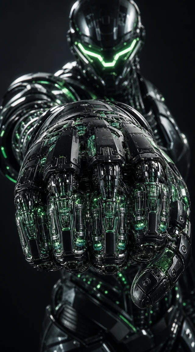 Cybernetic titan punching forward with massive metal fist