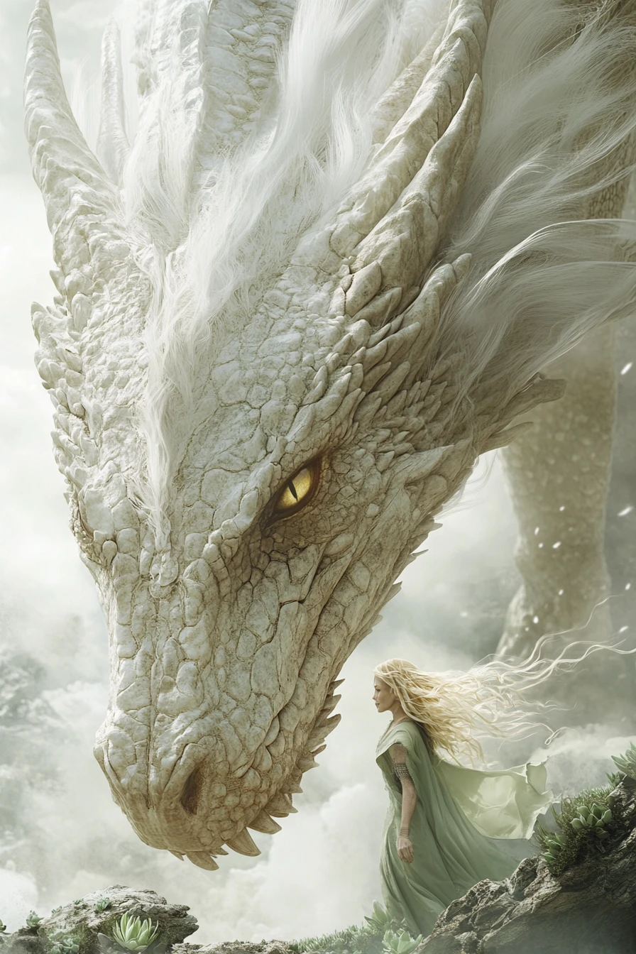 Woman walking beside a colossal white dragon in the clouds