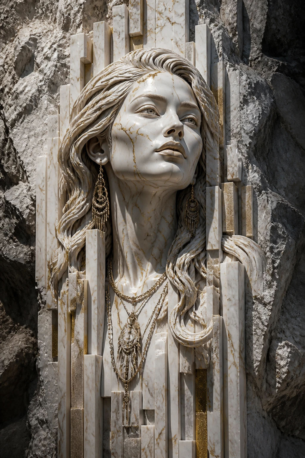 옆모습의 평온한 보헤미안 여성 대리석 부조 초상화