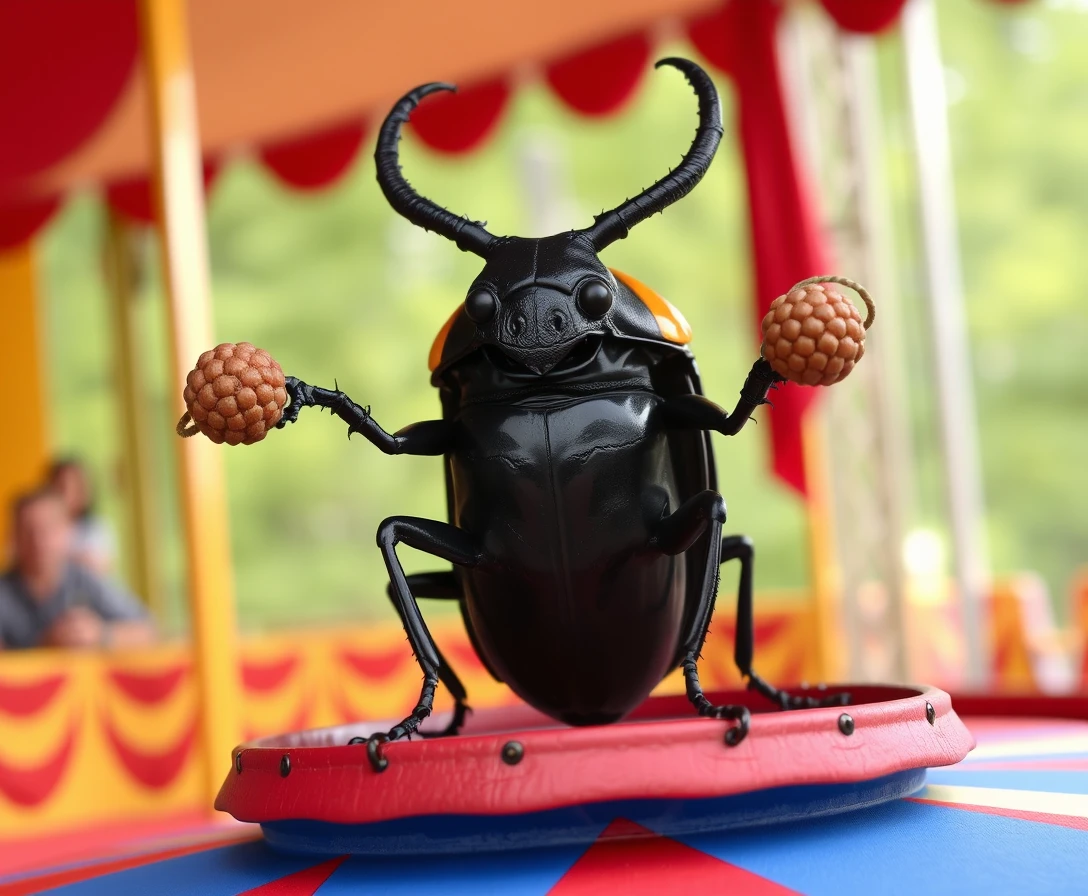 Large beetle juggling small balls in a circus ring