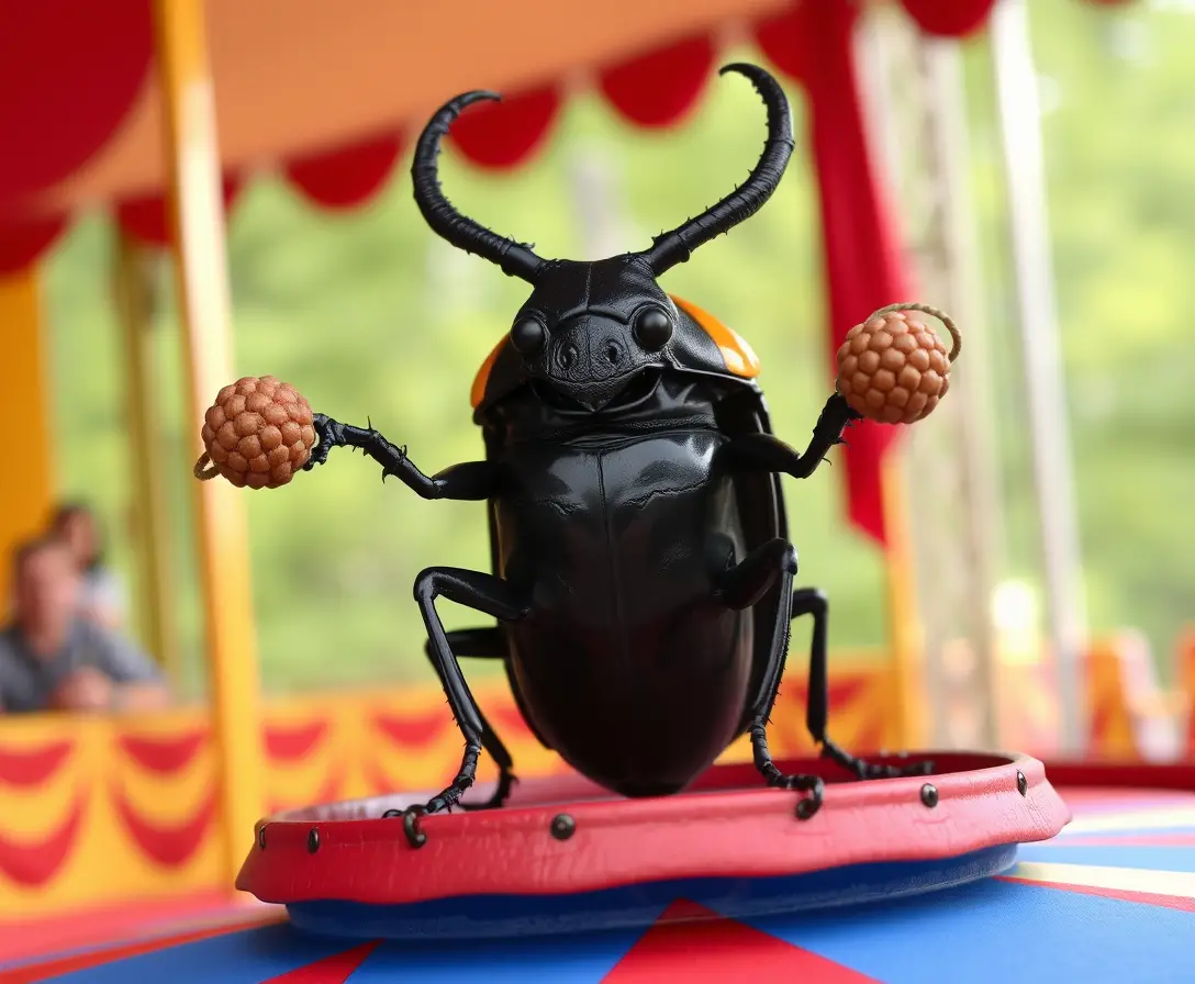 Grande coleottero che fa jonglage con piccole sfere nella pista del circo