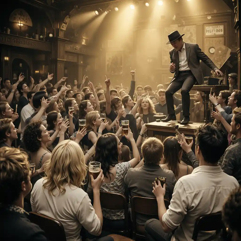 People dancing wildly on chairs in a crowded music club
