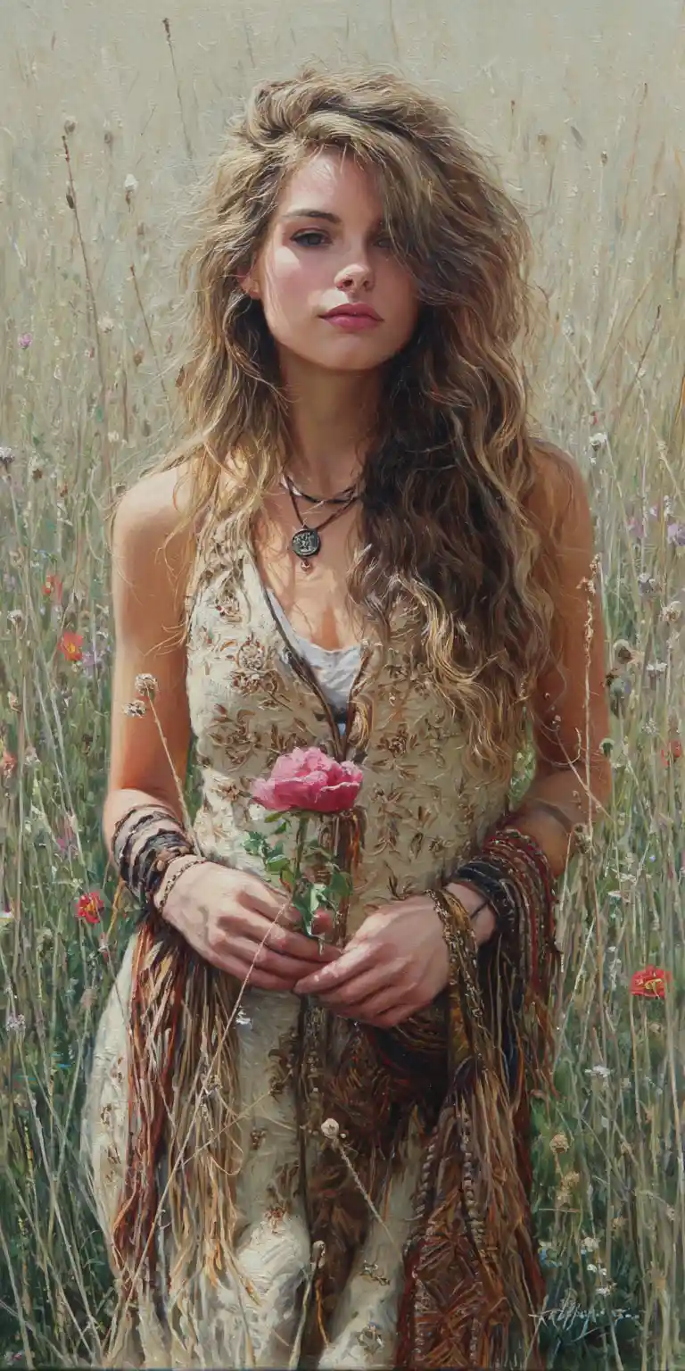Woman with peony in embroidered dress in wildflower meadow