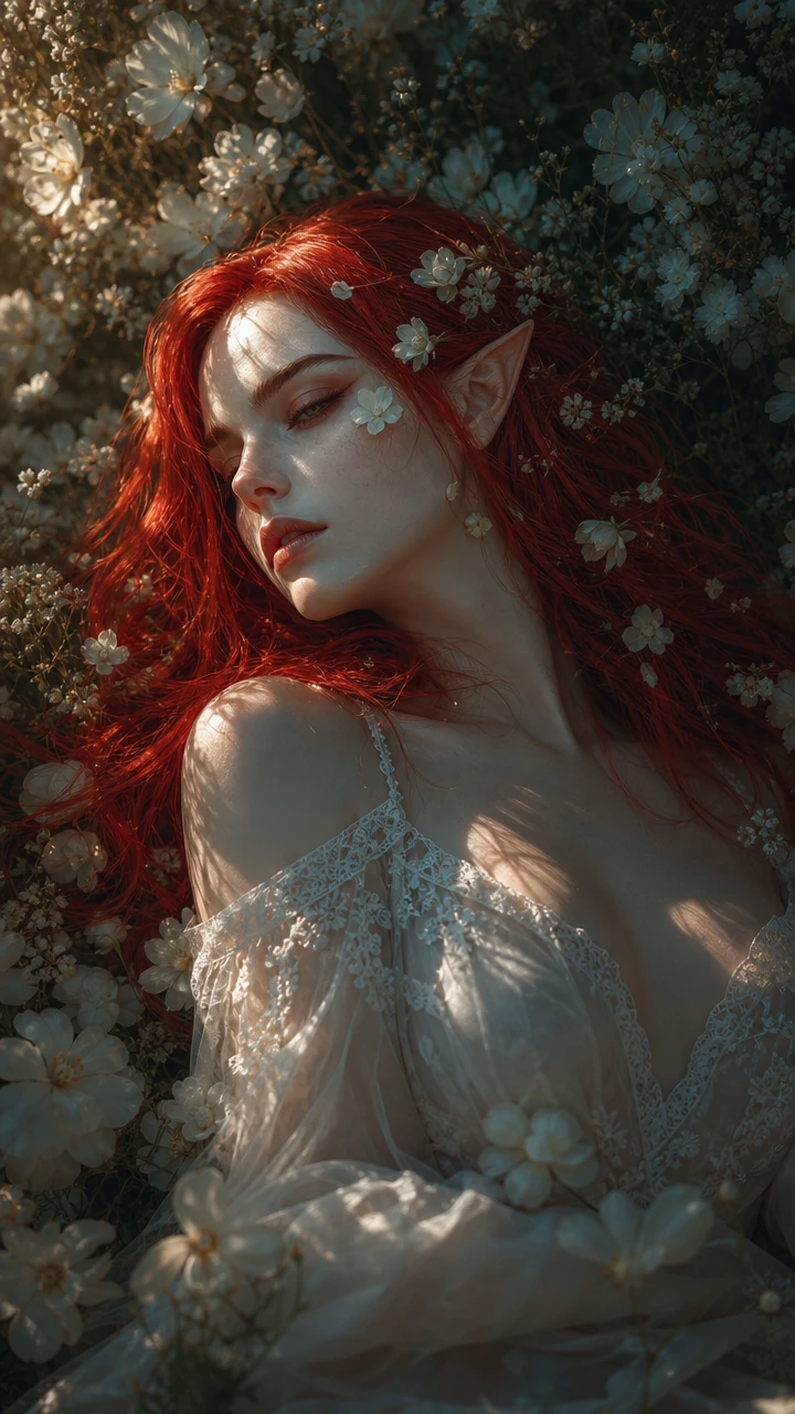 Elf woman resting in white flowers with soft dreamy light