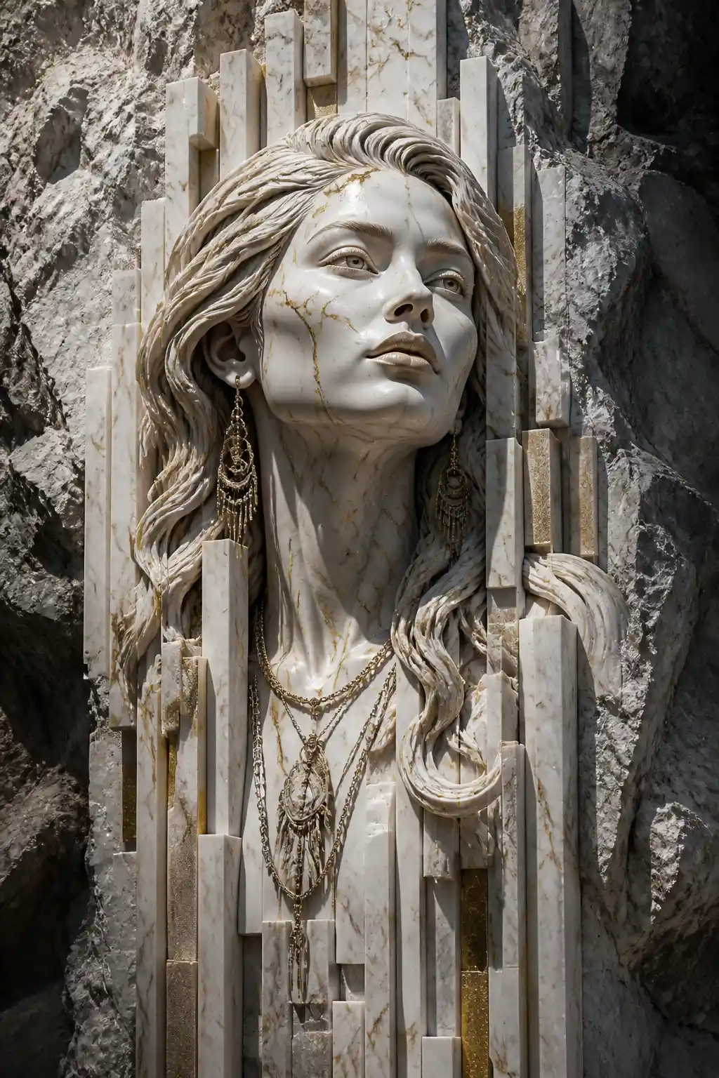 Marble relief portrait of a serene boho woman in profile