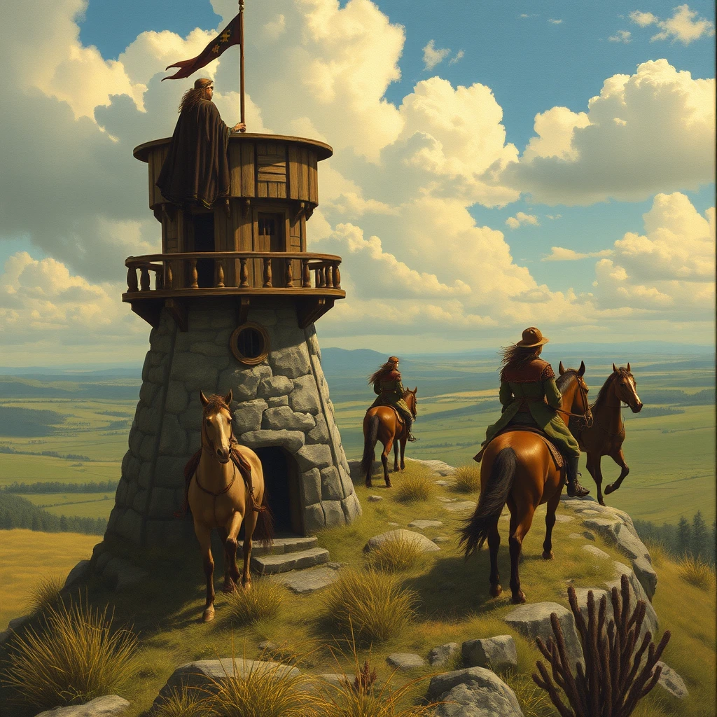 Two riders approach a distant countryside watchtower