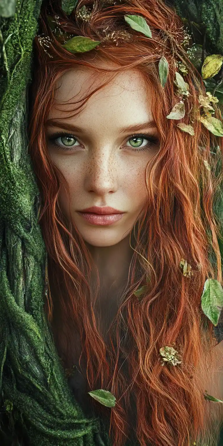 Enchanting toxic forest woman with flowing red hair