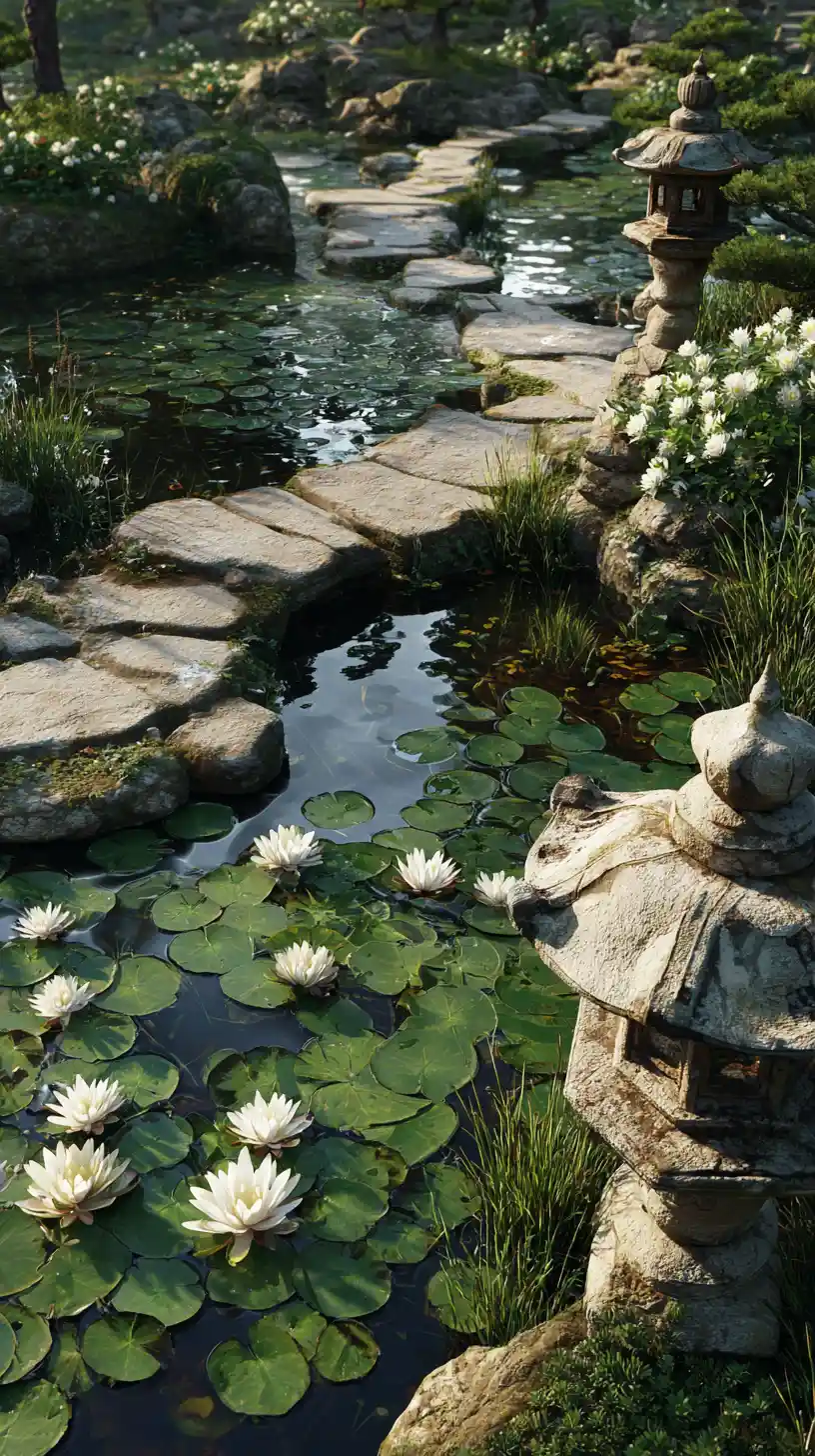 Serene Japanese garden pond with lotus and stone lanterns