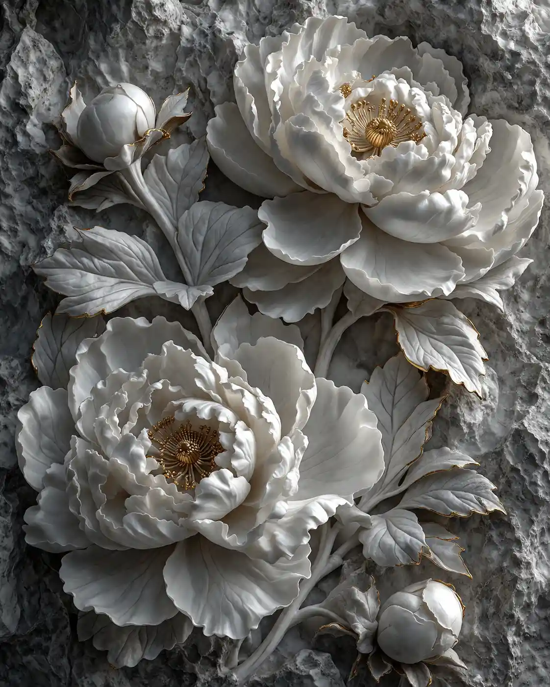 White marble peony relief on rough stone background
