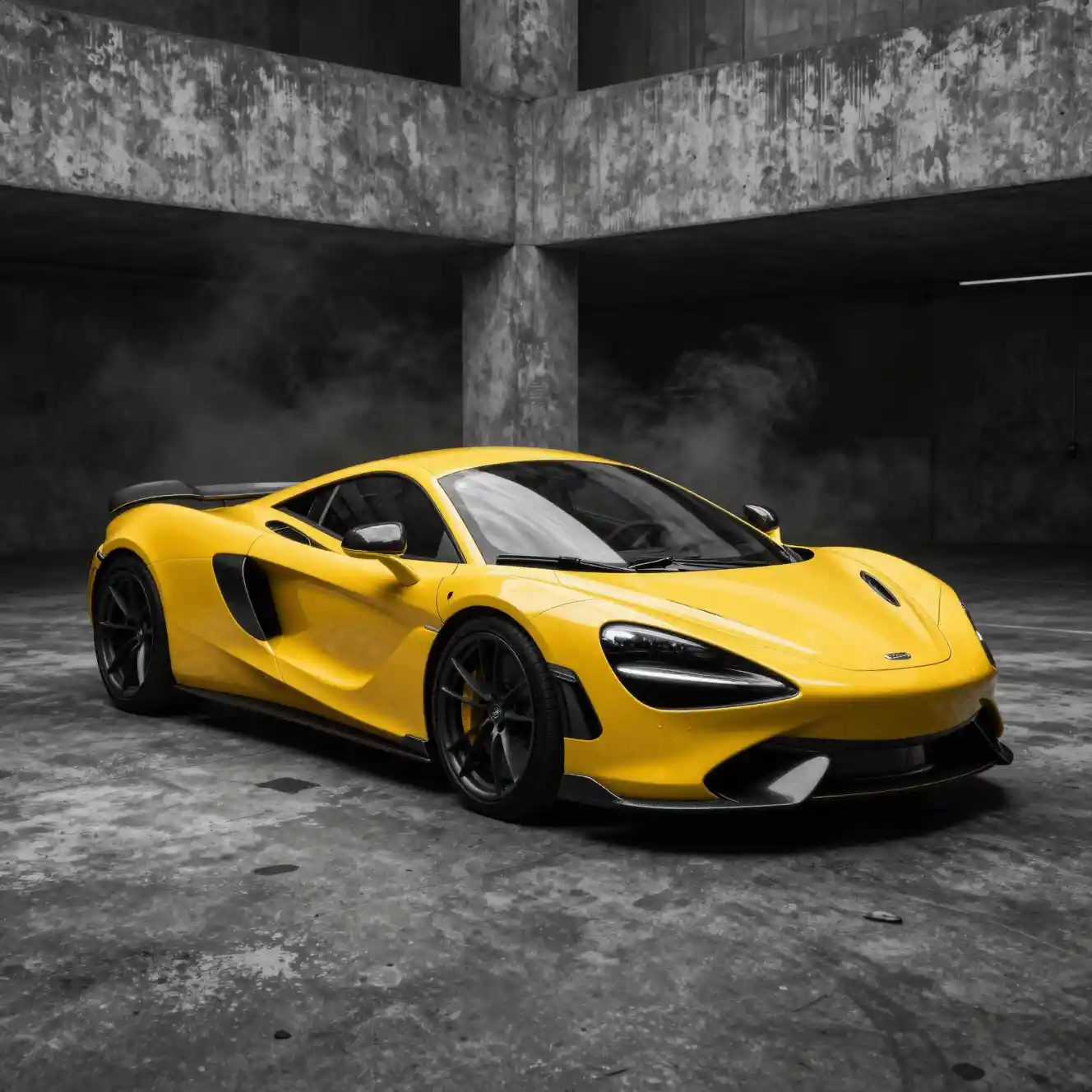 Yellow sports car in a brutalist dystopian concrete garage