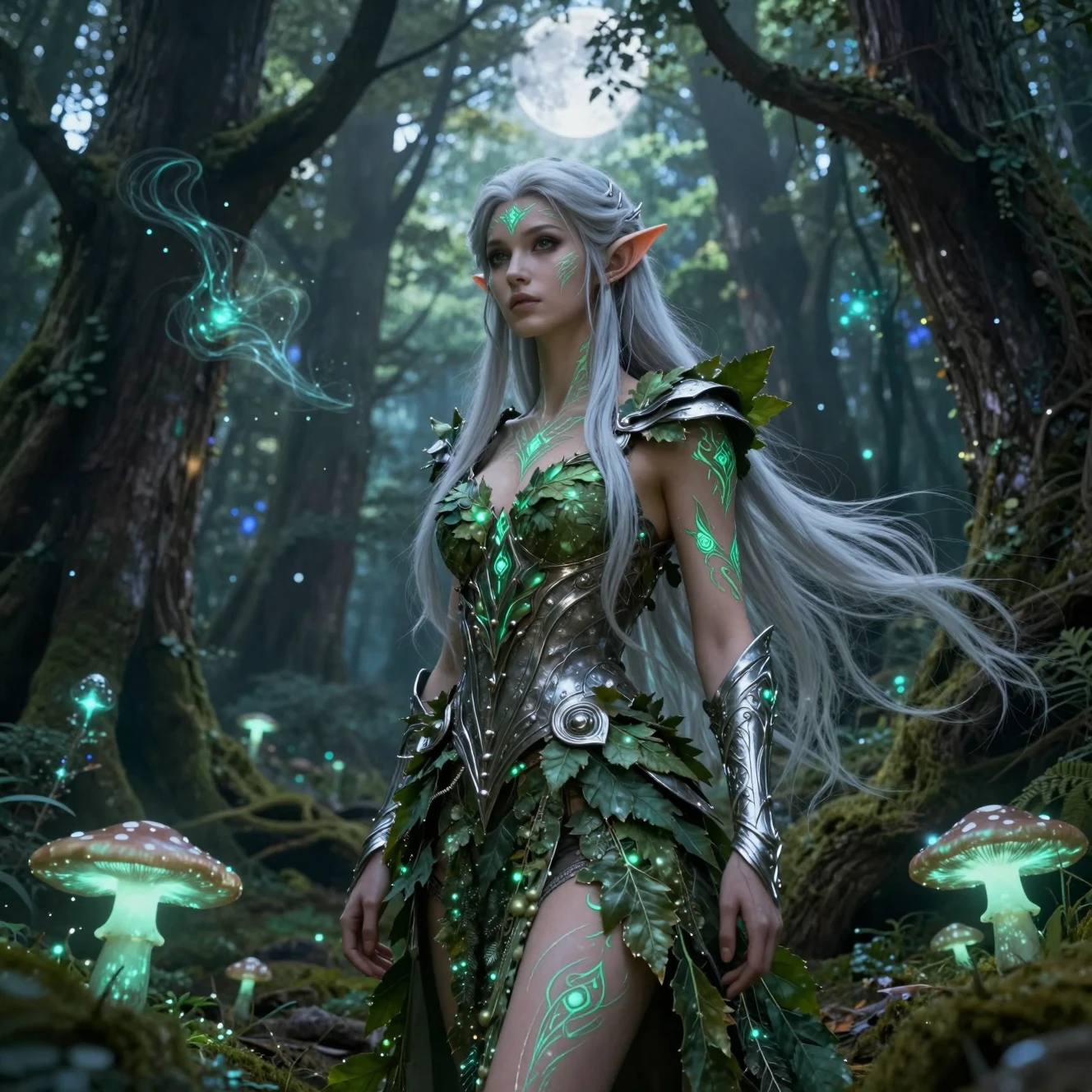 Elven druid in glowing armor within an enchanted forest