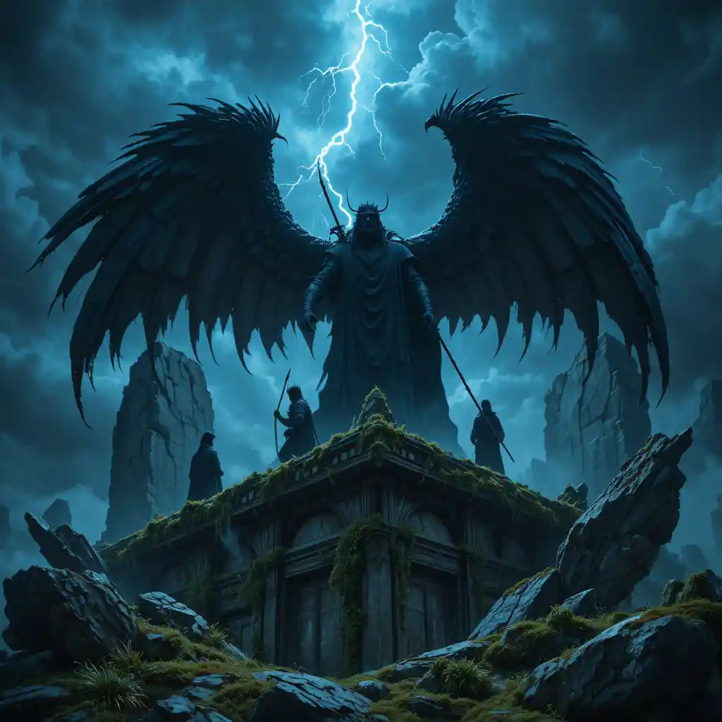 Thunderous footsteps echo through towering ancient ruins at night