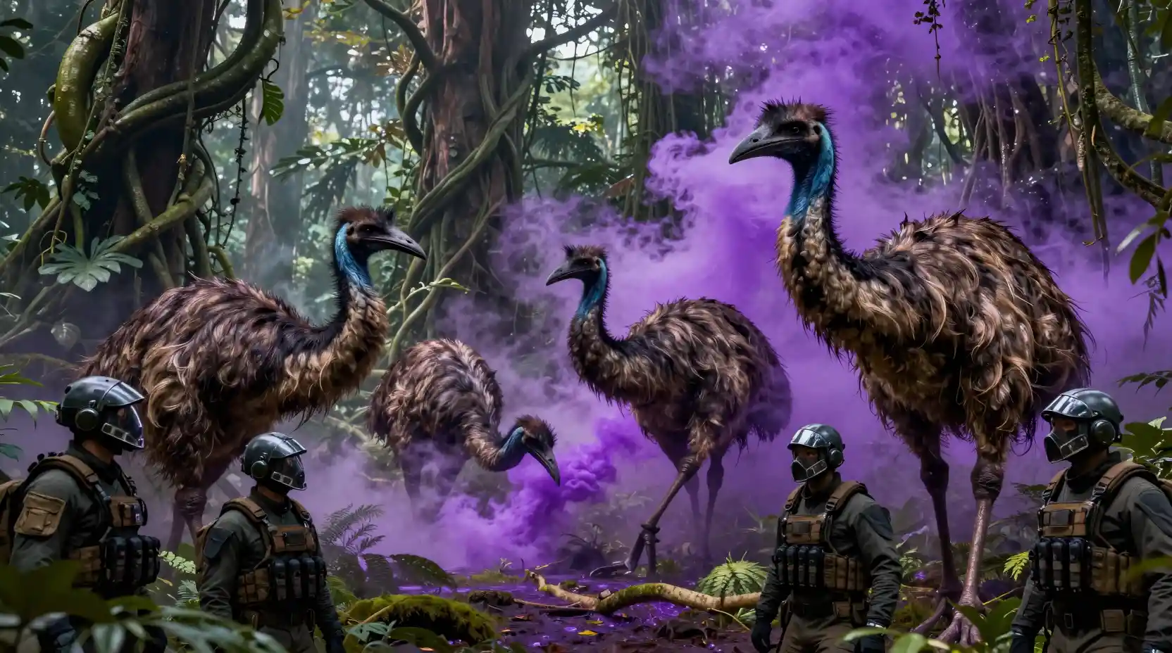 Mercenaries Facing Collapsing Prehistoric Birds In Toxic Forest