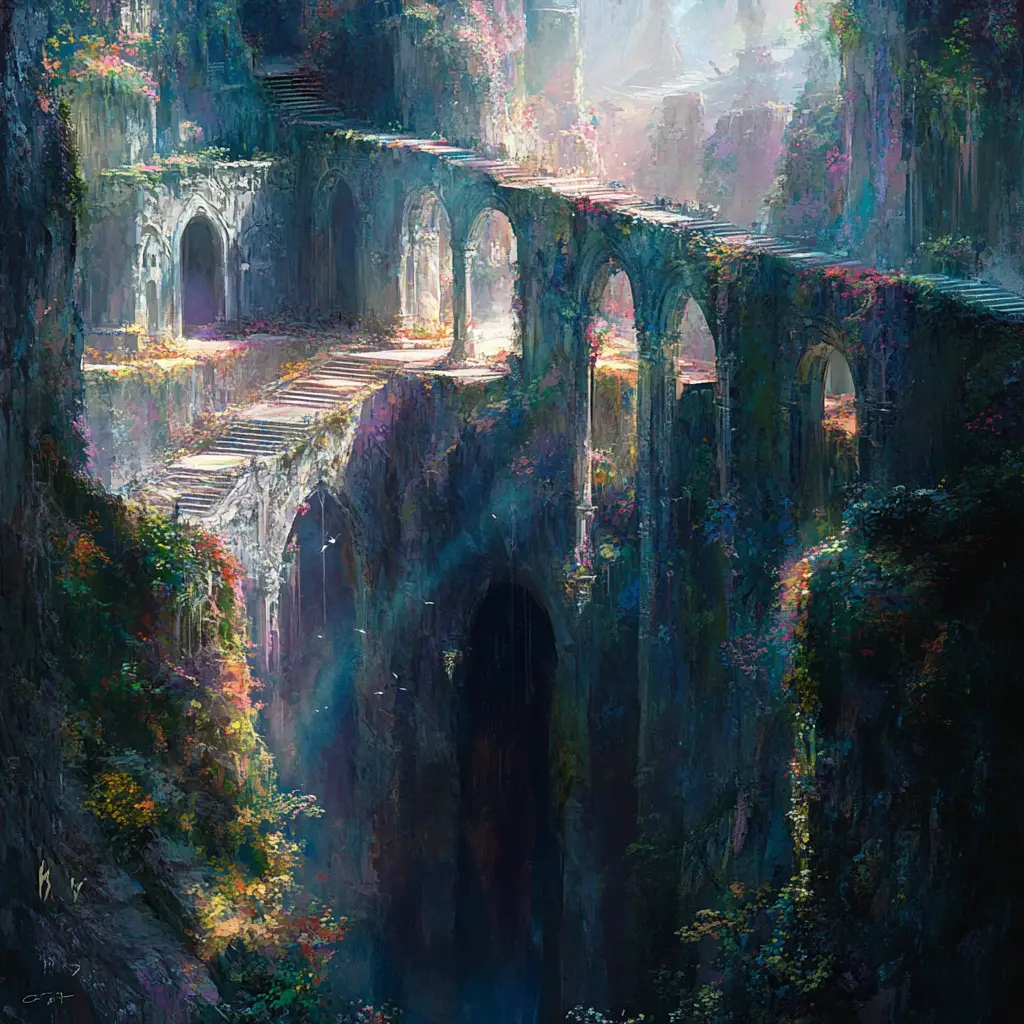 Mystical fantasy landscape of lush foliage and surreal structures