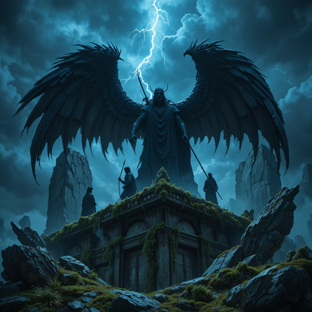 Thunderous footsteps echo through towering ancient ruins at night