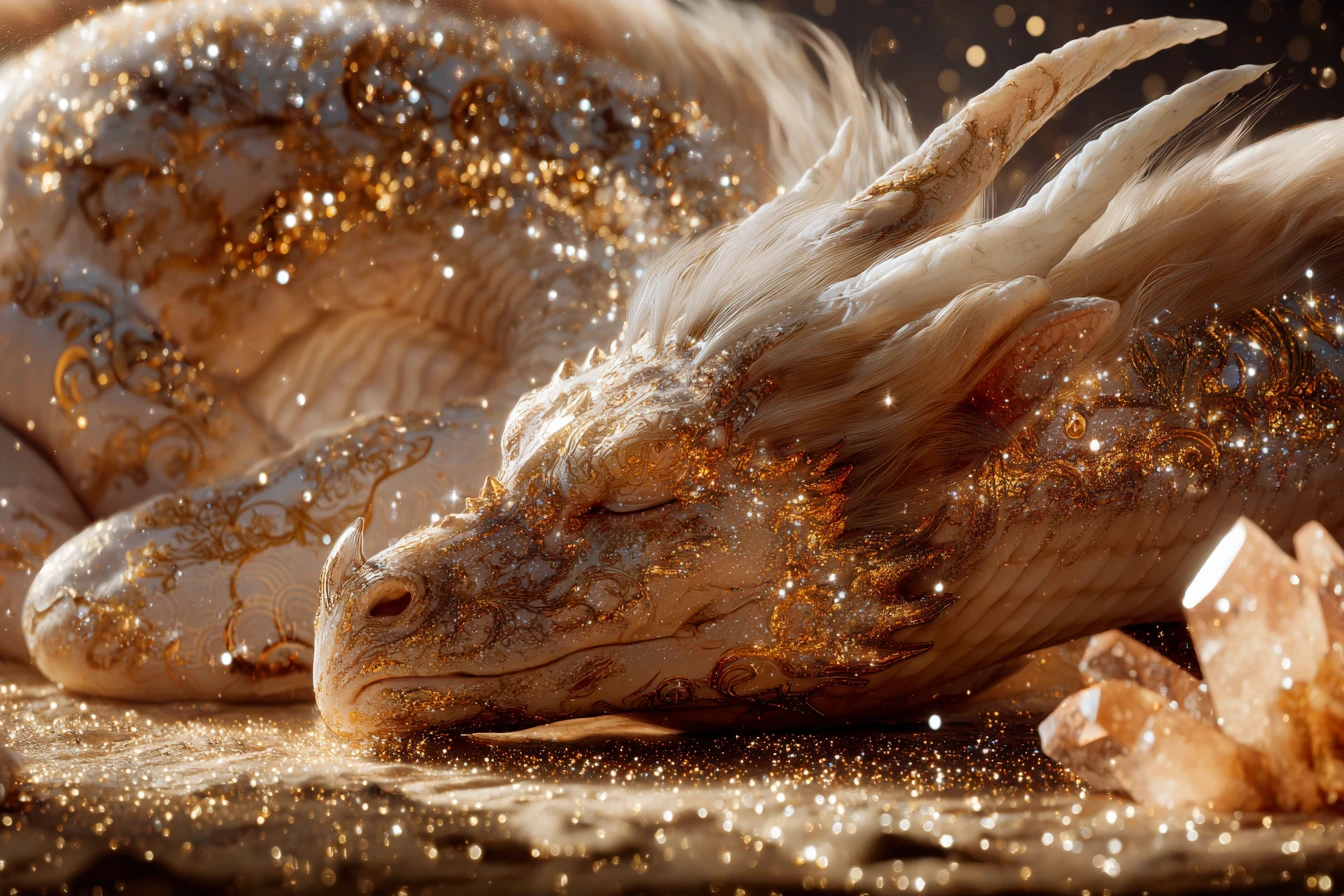 Golden dragon sleeping curled inside a crystal cave