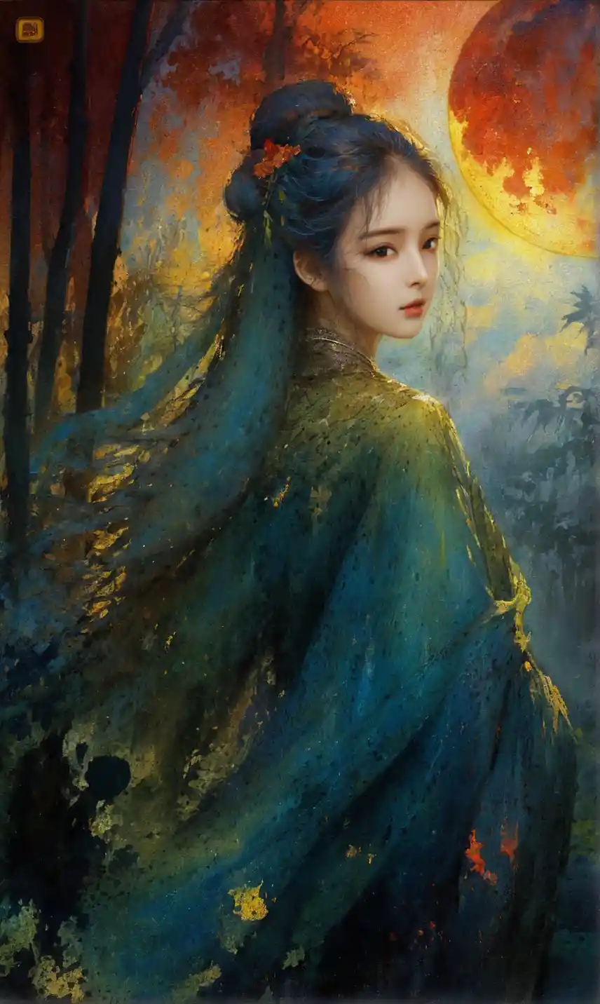 Serpentine woman resting on a gnarled branch in blazing light