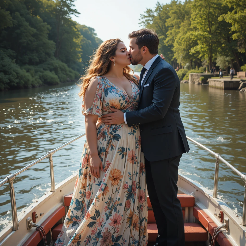 Plus size woman kissed by a man on a river boat