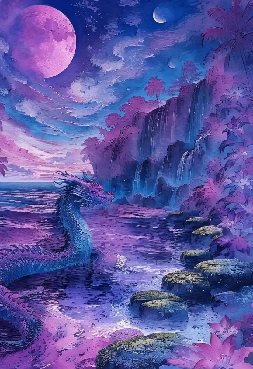 Mystical dragon crossing a surreal moonlit ocean landscape