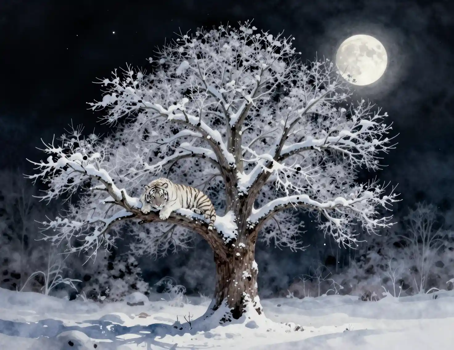 Majestic white tiger resting on a lone winter tree