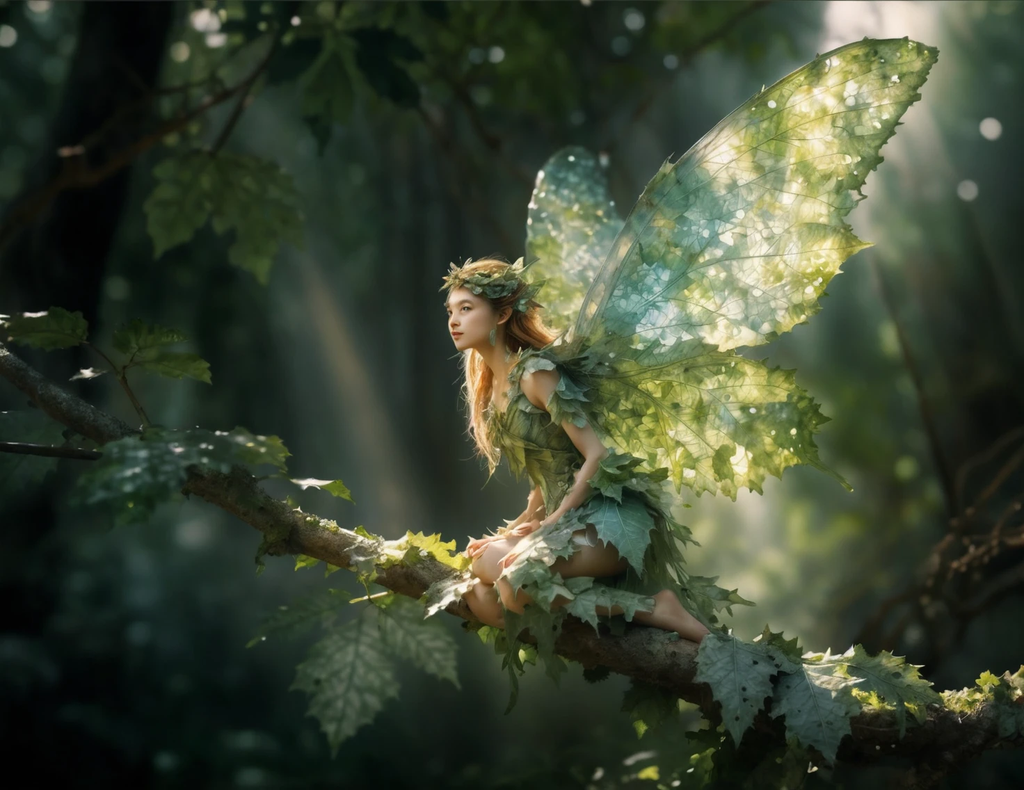Ethereal fairy on a branch in dramatic forest backlight