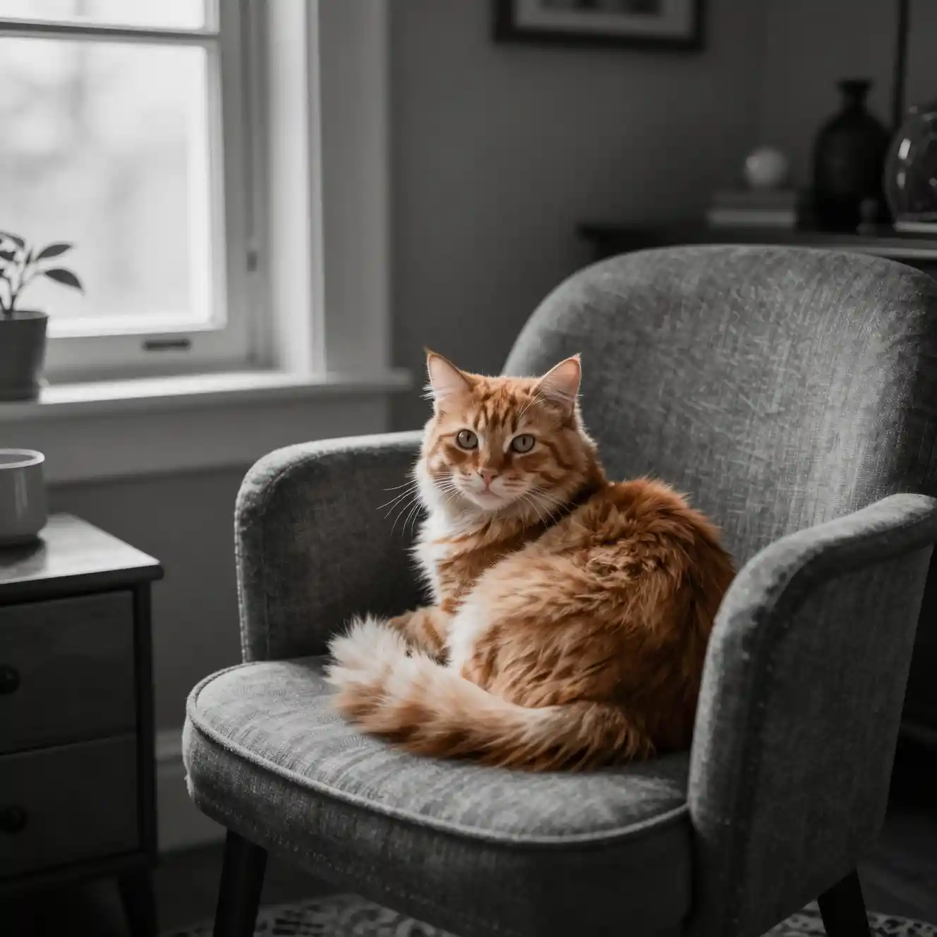Cozy retro living room with a single warm orange cat