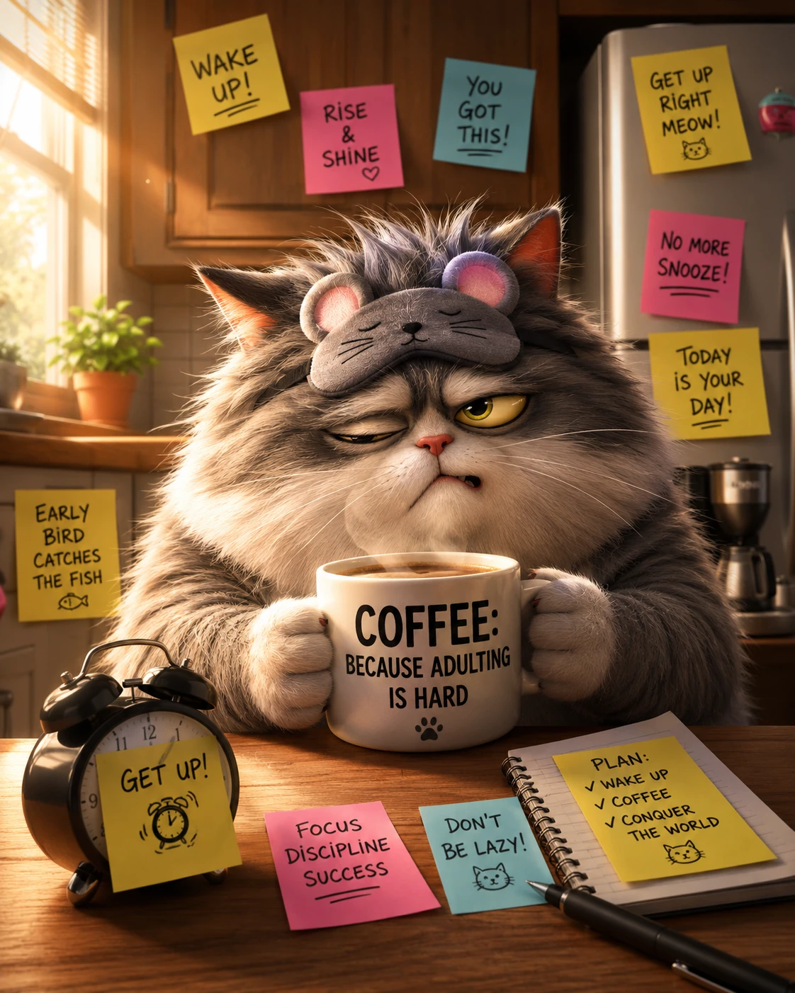 Sleepy fluffy cat with coffee in a sunny 3d kitchen