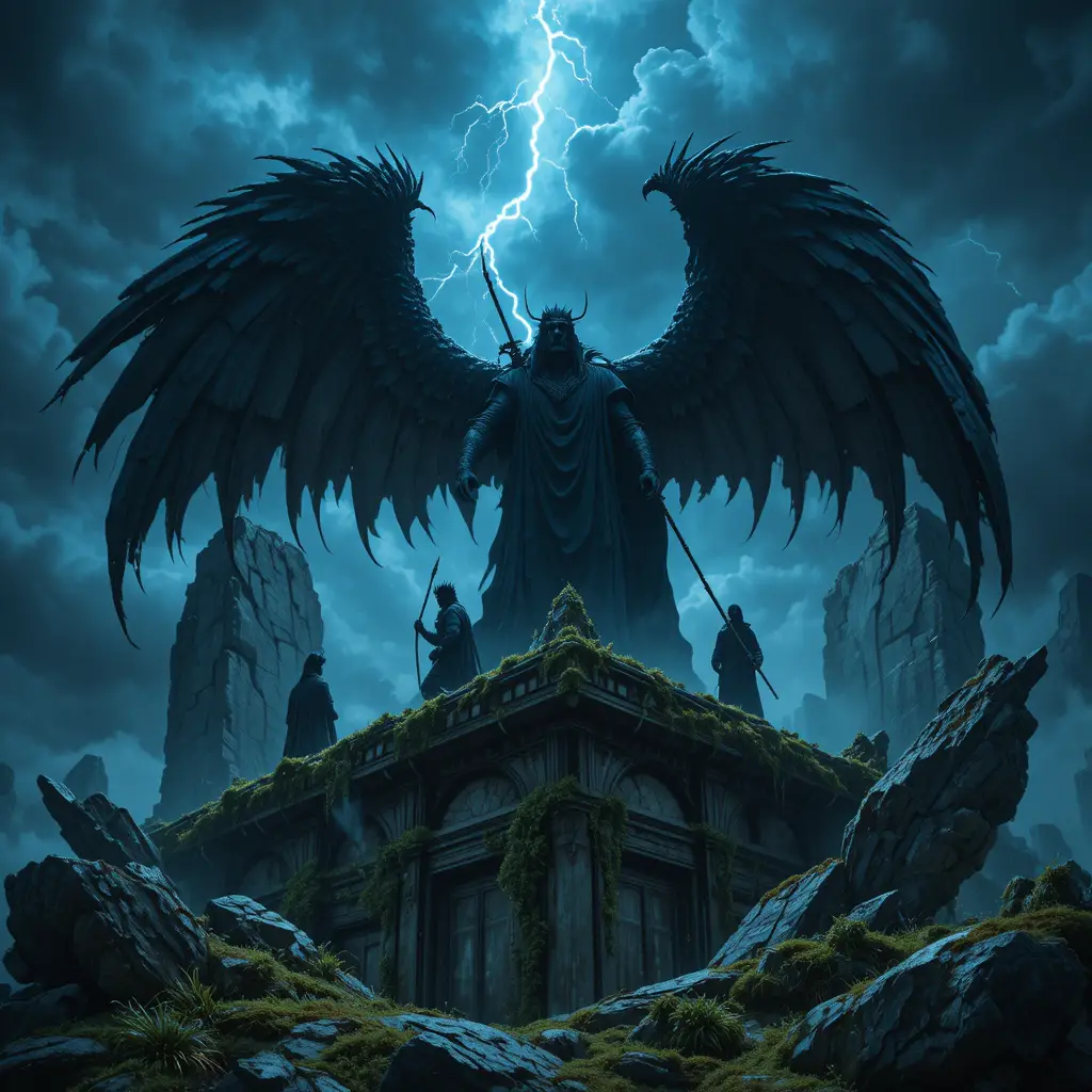 Thunderous footsteps echo through towering ancient ruins at night