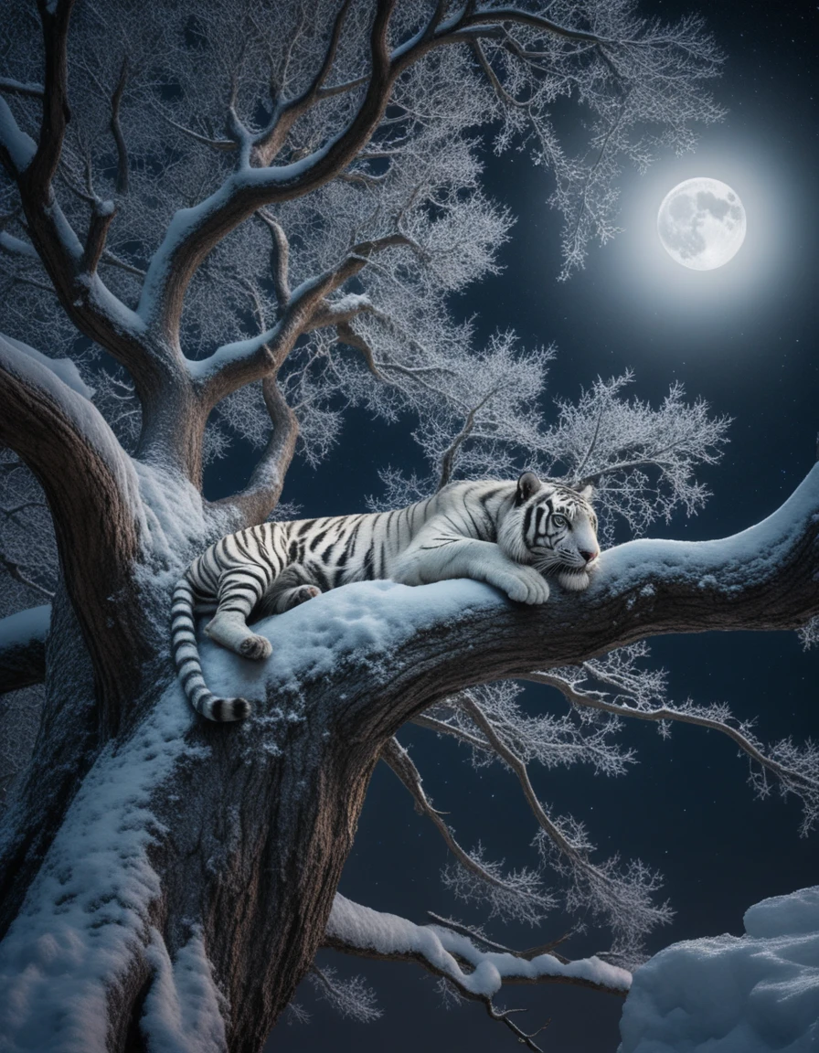 Majestic winter tree beneath the glowing full moon