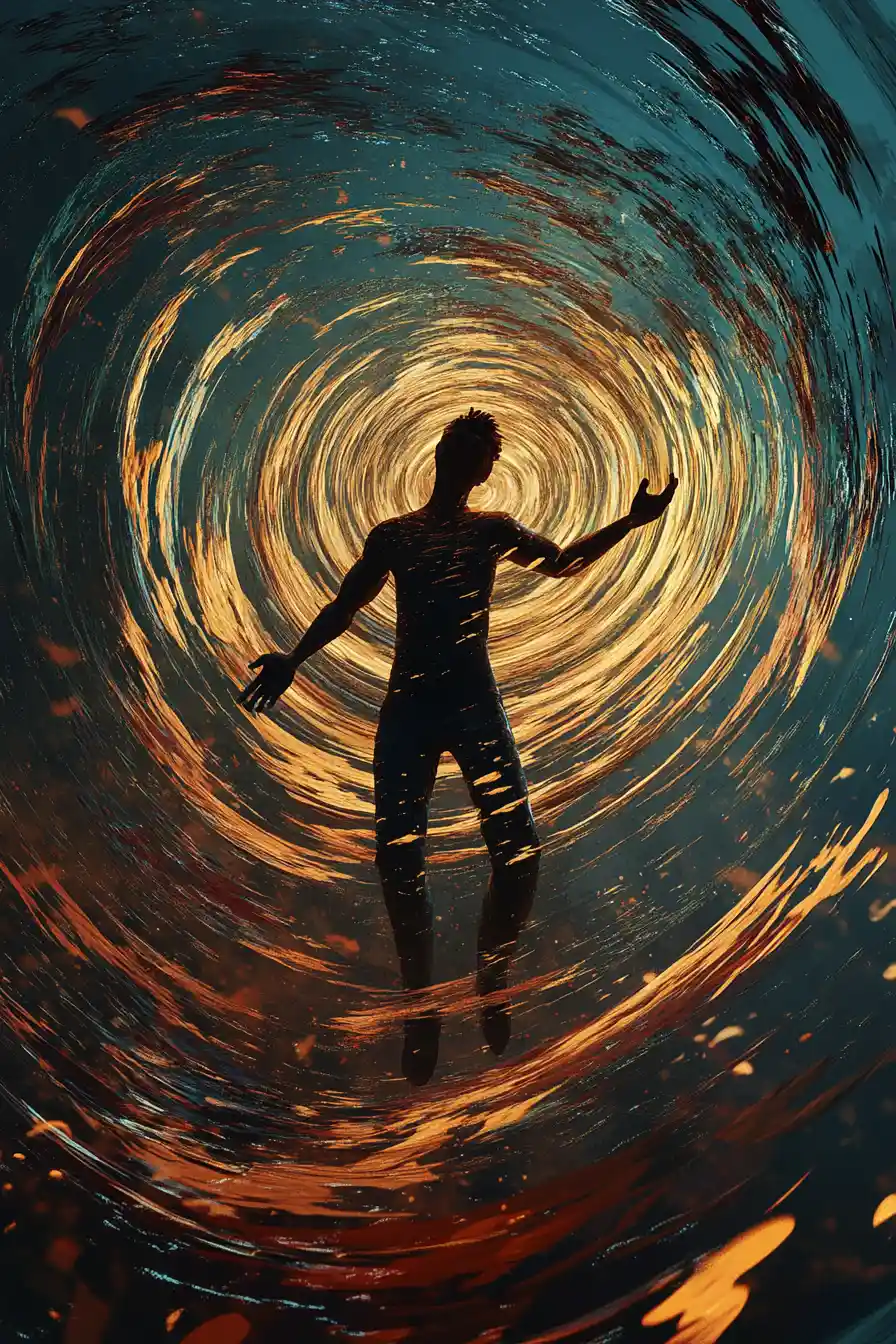 Moody man in a spiraling pose against dark abstract background
