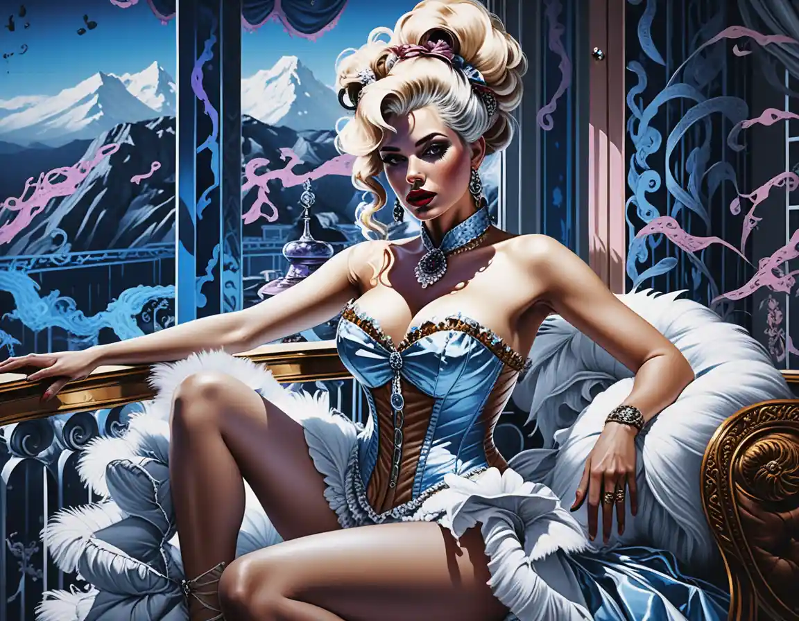 Baroque fantasy woman in corset within opulent boudoir