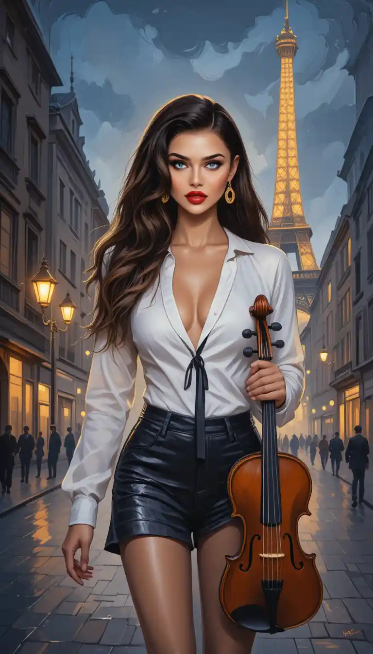Blonde woman walking with violin on Paris city street
