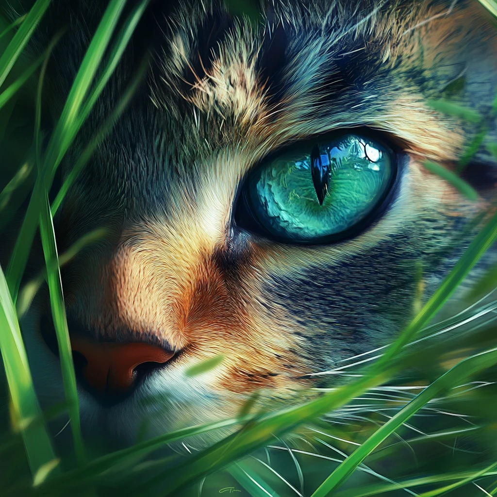 Close up cat hunting through lush green grass