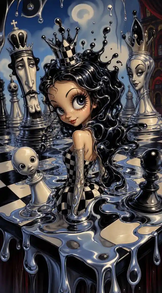 Ragazza degli scacchi in stile cartoon anni Novanta che emerge dal liquido
