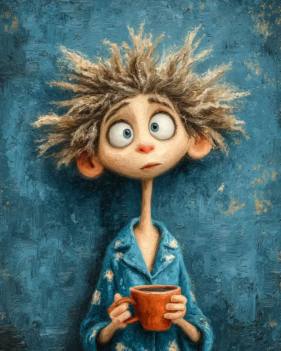 Sleepy girl in pajamas holding a steaming morning coffee