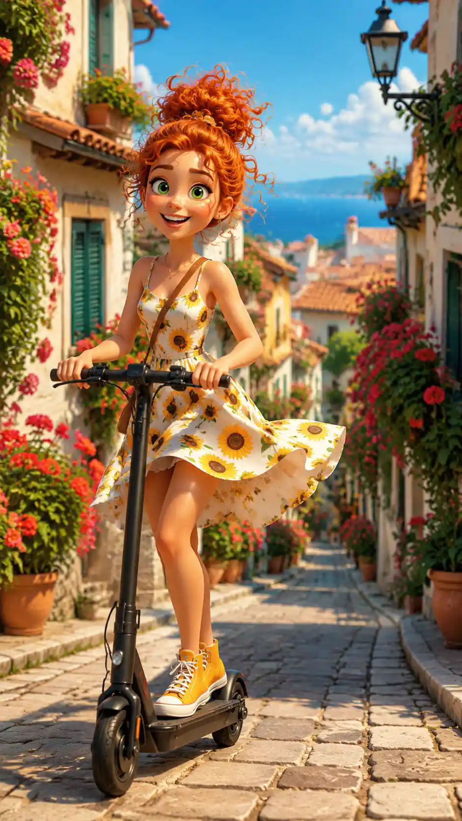 Teen girl on scooter in sunny 3D cartoon street