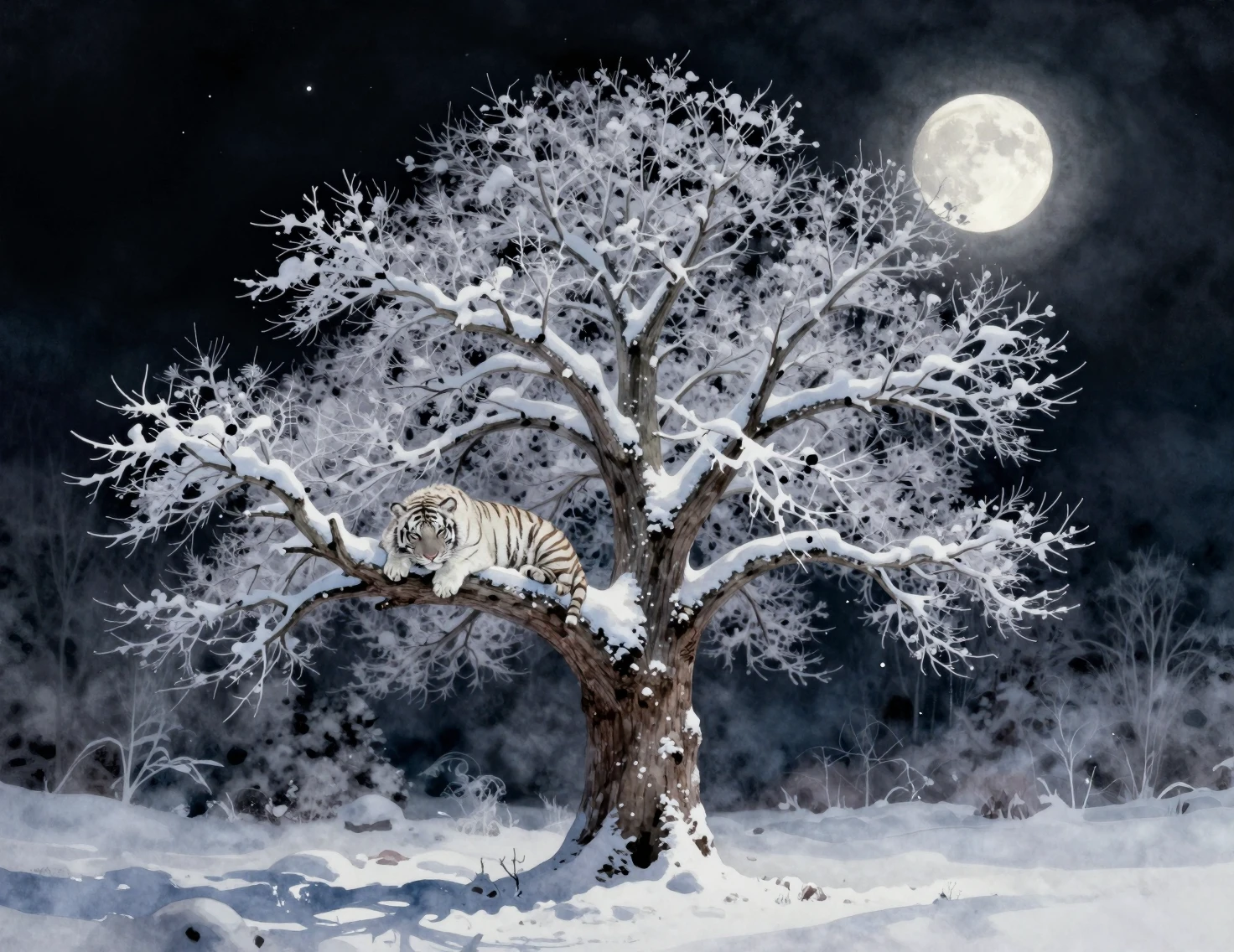 Majestic white tiger resting on a lone winter tree