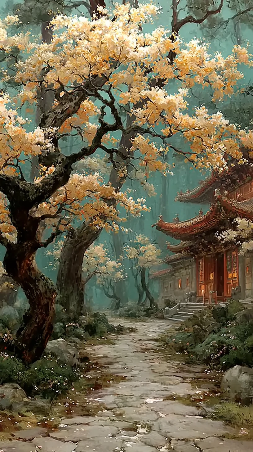 Cherry blossoms in bloom along a tranquil forest path