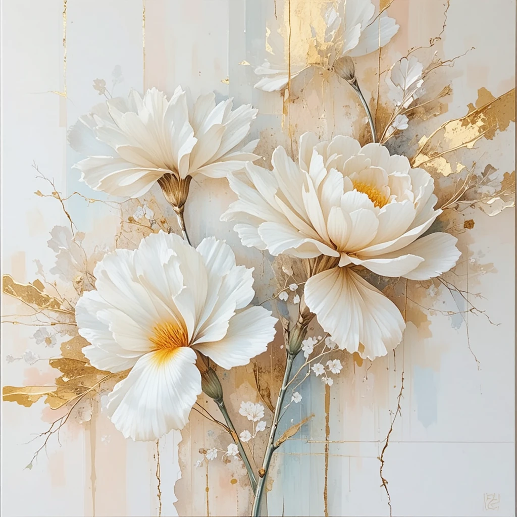 White abstract floral painting with gold and peach accents