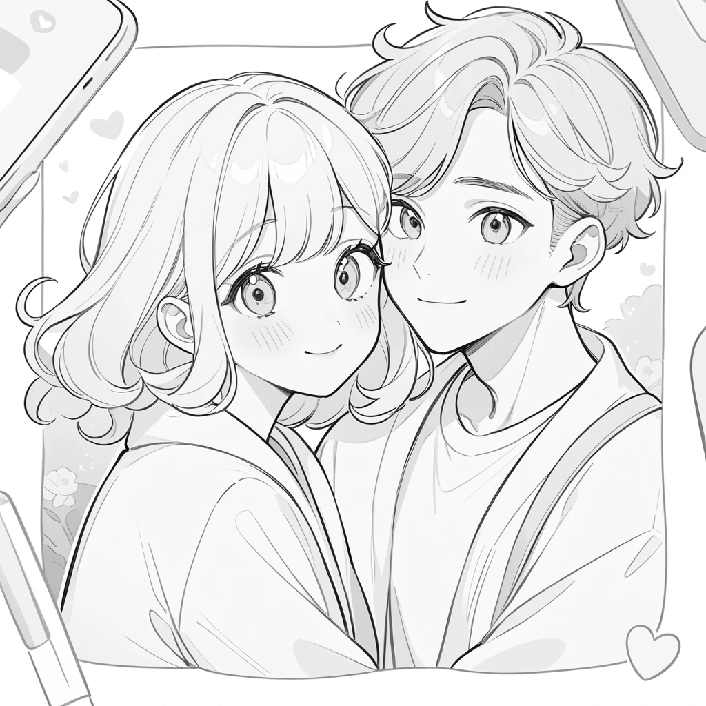 Cute cartoon couple portrait with warm romantic vibe