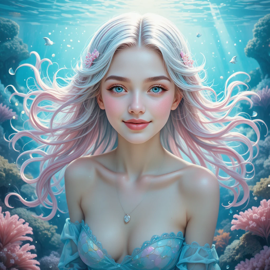 Gentle mermaid portrait in an enchanted underwater garden