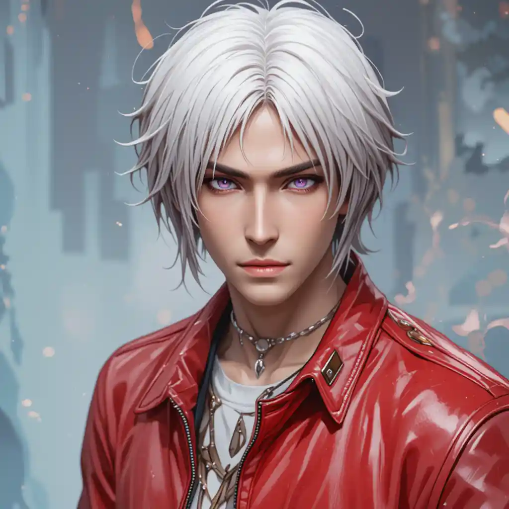 Young man with platinum hair and violet eyes in red jacket
