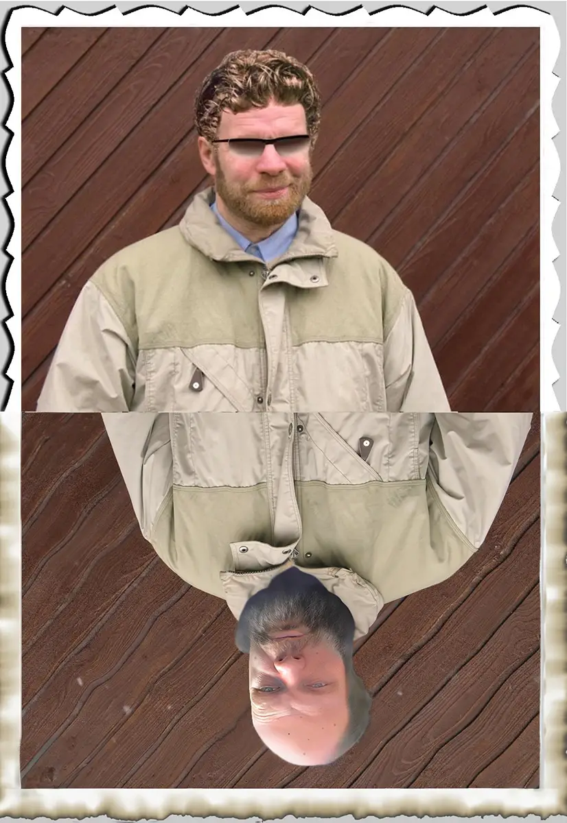 Bearded man mirrored against diagonal wooden wall background