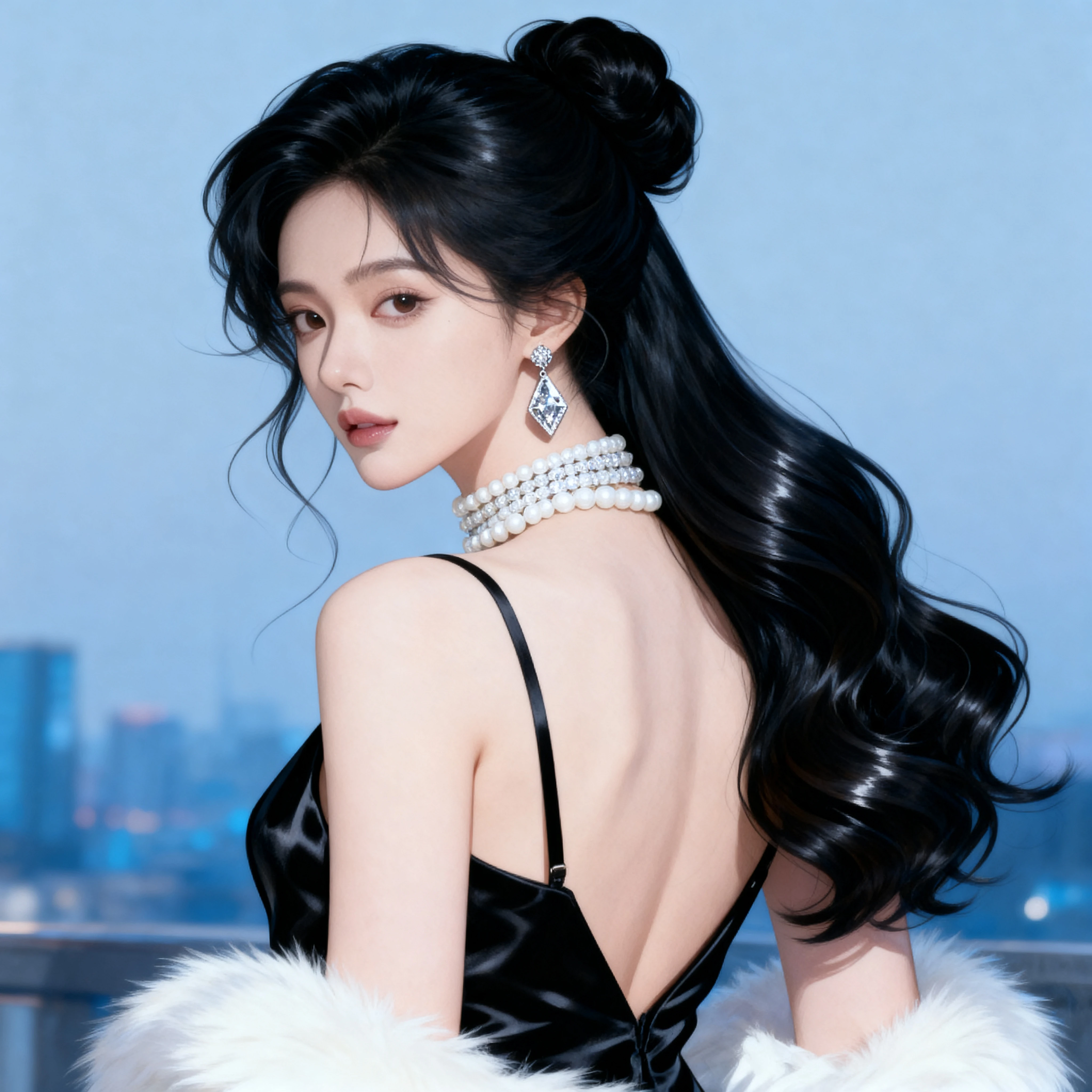 Glamorous woman in pearls and black dress profile portrait
