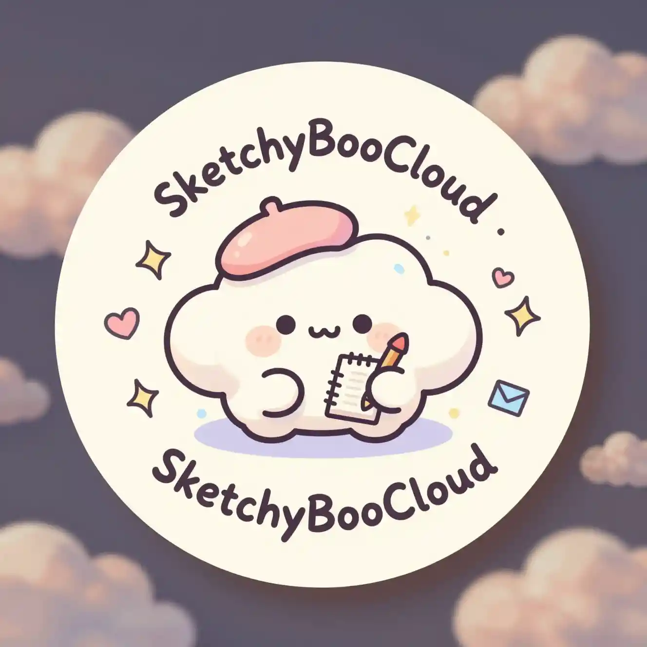 Dreamy kawaii cloud artist mascot with sketchbook logo