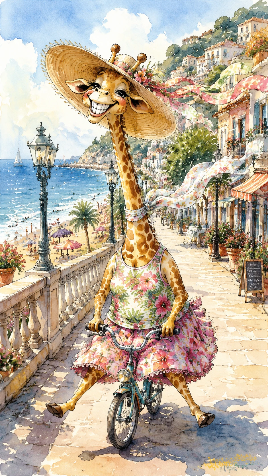 Cartoon giraffe cycling along a sunny seaside promenade