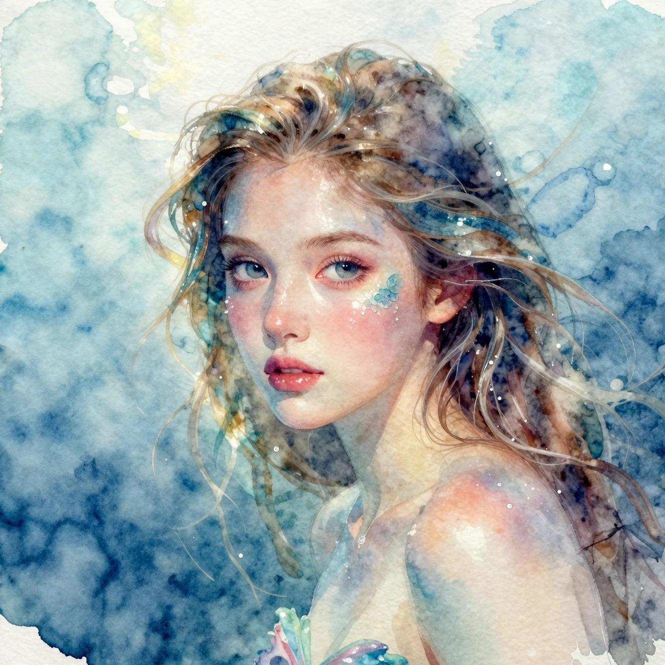Serene watercolor portrait of a glowing fantasy mermaid