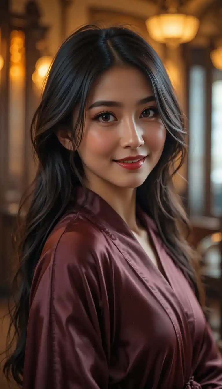 Warm close up portrait of a young woman in burgundy robe