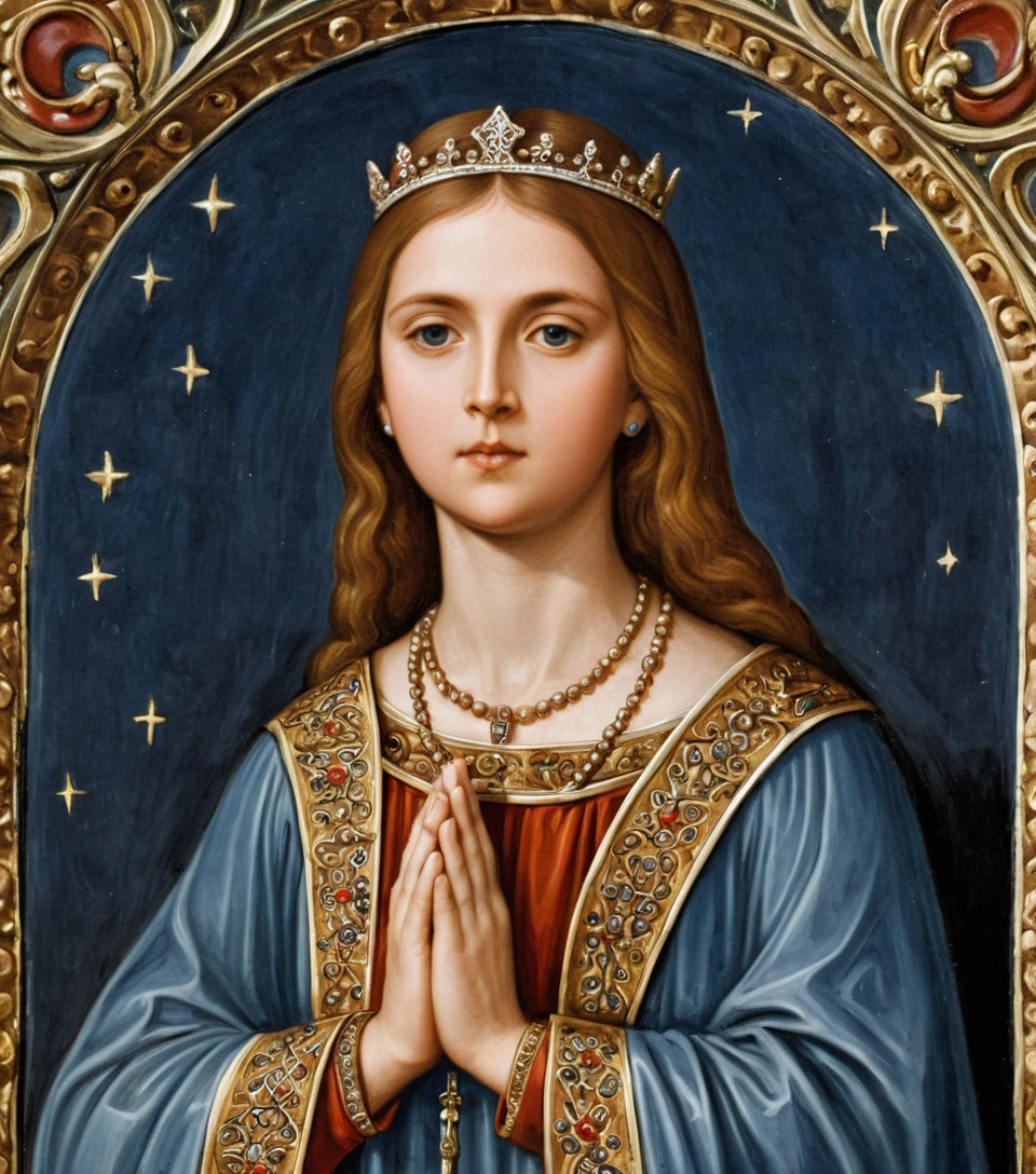 Medieval queen praying with head raised to the heavens