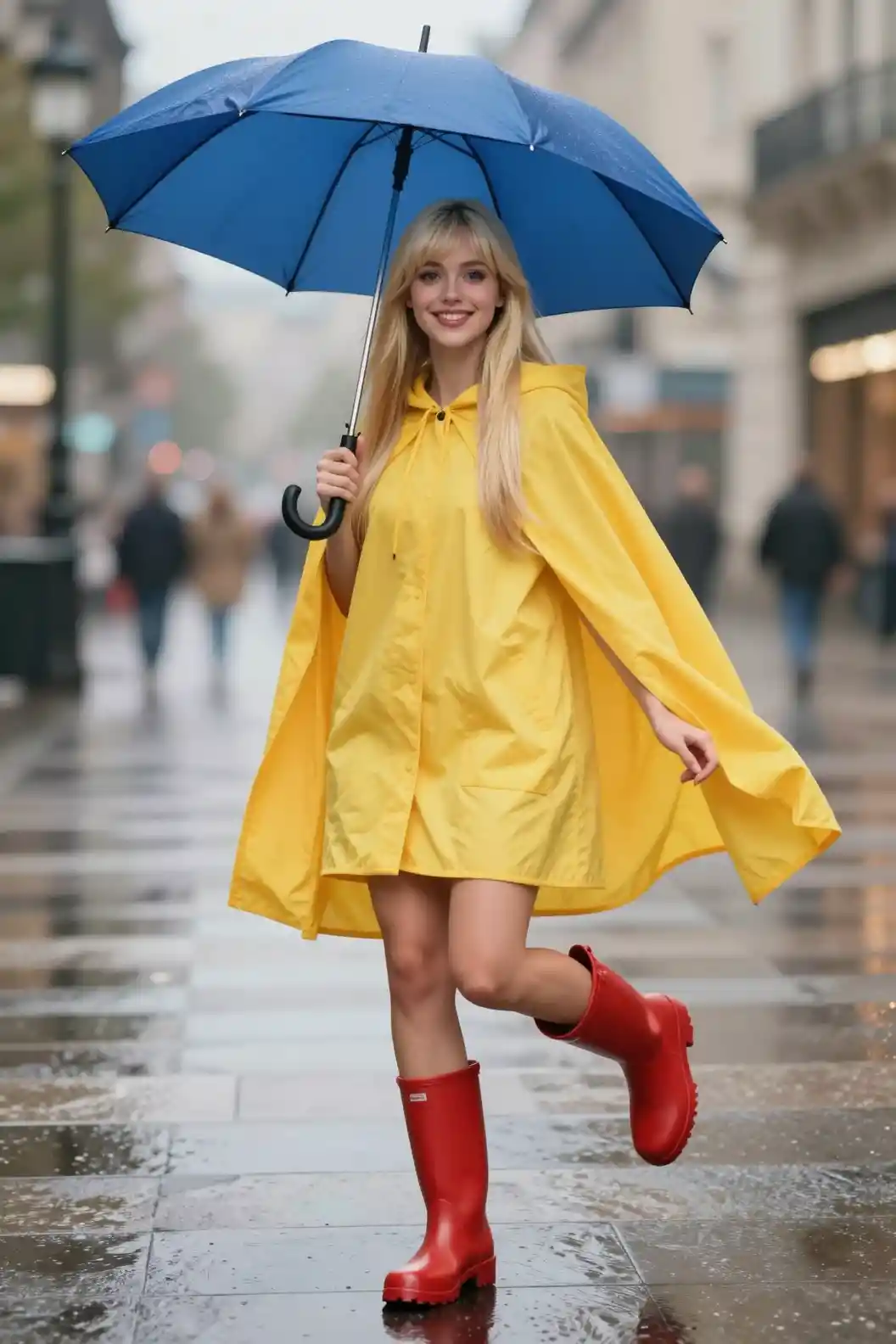 Anime girl walking with umbrella and wine in city square